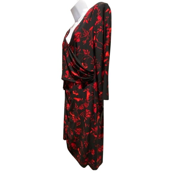 Lauren Ralph Lauren Dress 16 Surplice Jersey Faux Wrap Black Red Midi - Picture 2 of 15